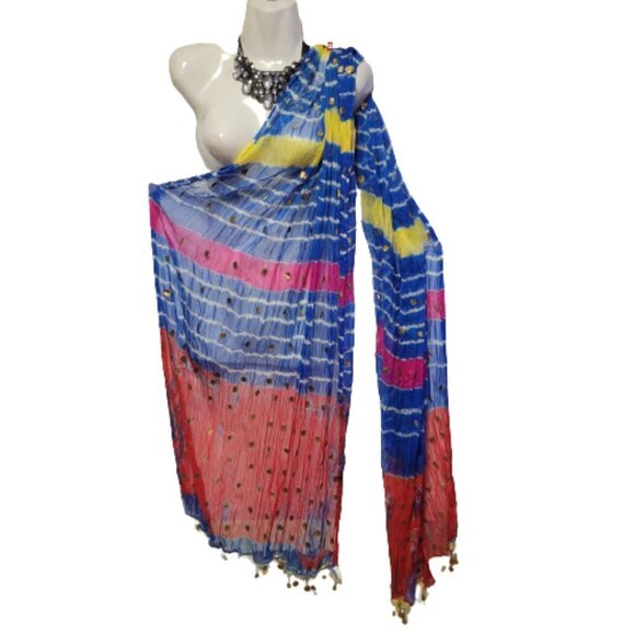 Colourful Dupatta Scarf Blue Pink Red and Yellow Colors and Gold Coin Tassels - Picture 2 of 5